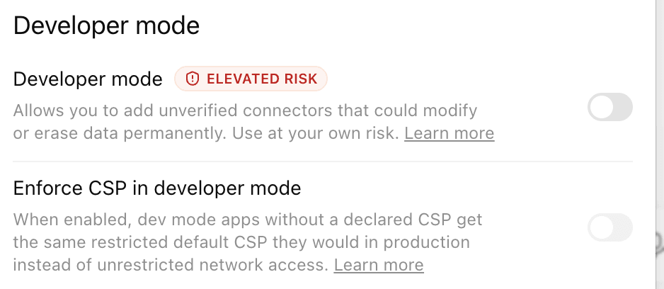 ChatGPTs inställning Developer mode, märkt ELEVATED RISK, med en växlingsknapp.