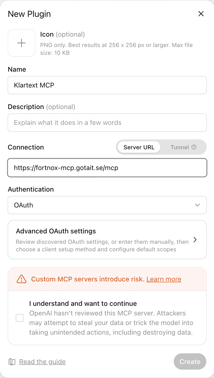 ChatGPTs dialog New Plugin med namnet Klartext MCP, serveradressen https://fortnox-mcp.gotait.se/mcp och autentisering satt till OAuth.