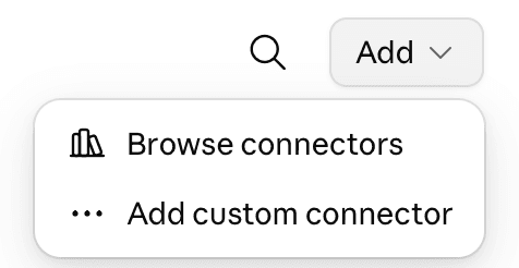 Claudes Add-meny öppnad, med alternativen Browse connectors och Add custom connector.