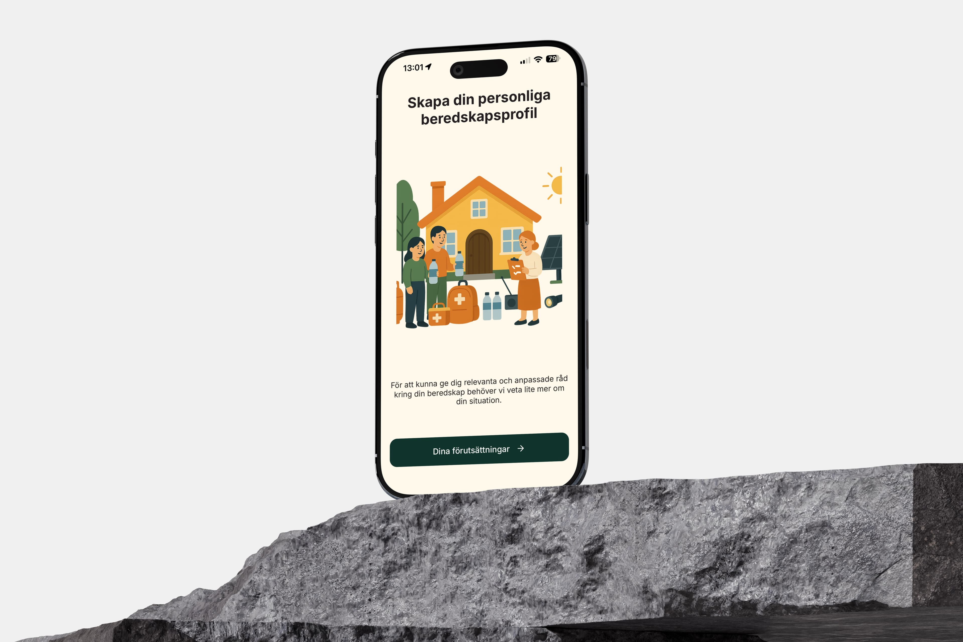 A phone showing Bereddo's onboarding: creating your personal preparedness profile